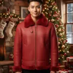 Men Red Fur Christmas Aviator Jacket