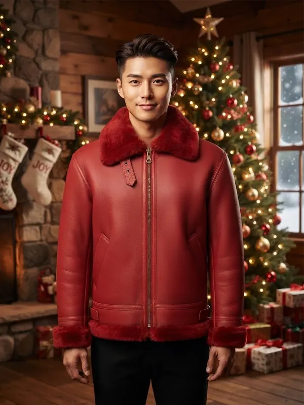 Men Red Fur Christmas Aviator Jacket