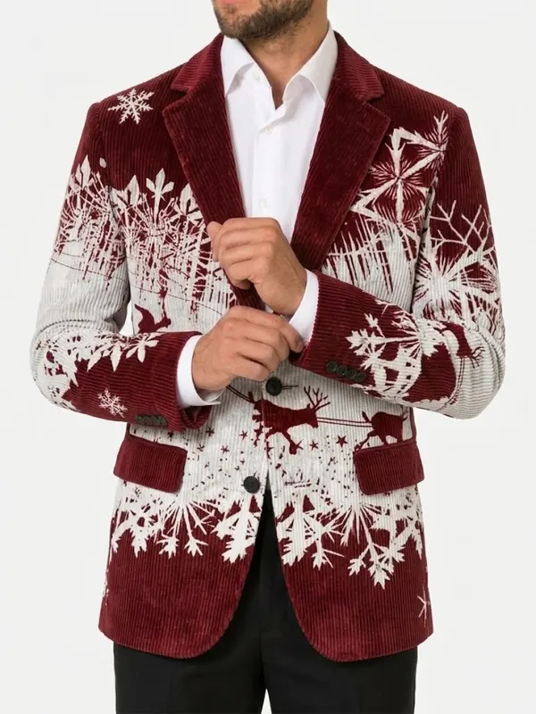 Mens Reindeer Sleigh Snowflake Red Blazer
