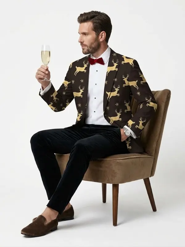 Mens Slim Festive Reindeer Snowflake Blazer
