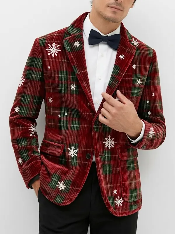Christmas Snowflake Plaid Corduroy Blazer