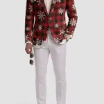 Ugly Christmas Snowy Plaid Red Blazer