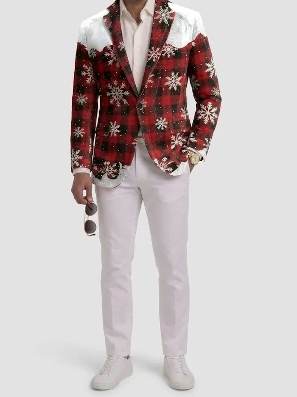 Ugly Christmas Snowy Plaid Red Blazer