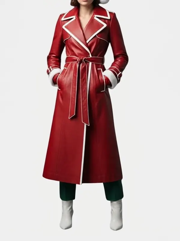 Winter Red Leather Trench Coat