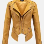 Women Celeste Studded Leather Yellow Jacket