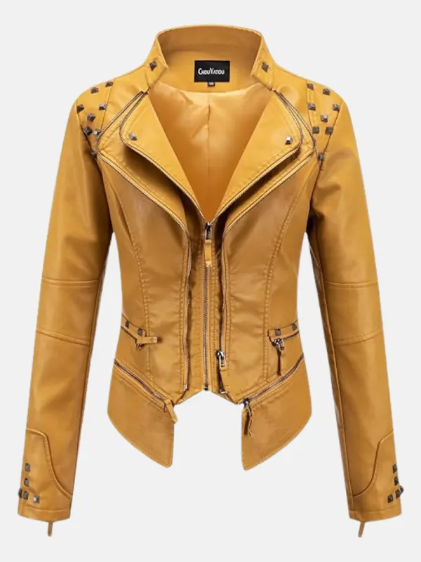 Women Celeste Studded Leather Yellow Jacket