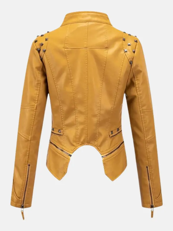 Women Celeste Studded Leather Yellow Jacket Back