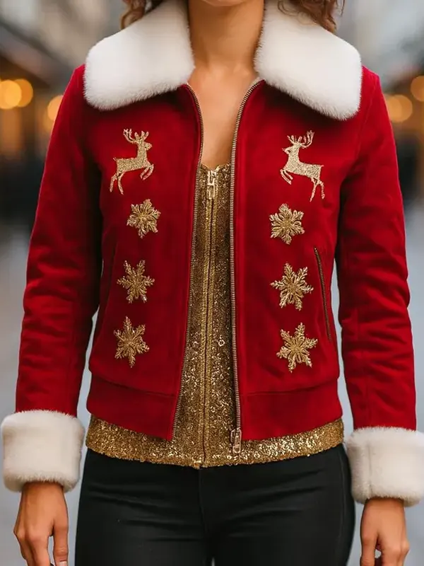 Women Gold Reindeer Suede Christmas Jacket