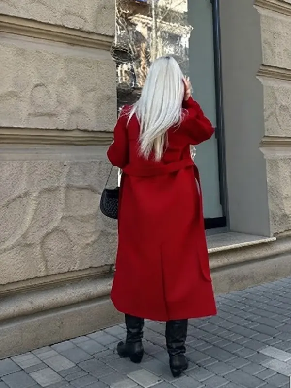 Women Red Double Breasted Overcoat Back
