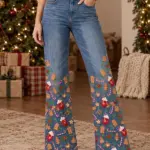Womens Christmas Print High Waist Jeans