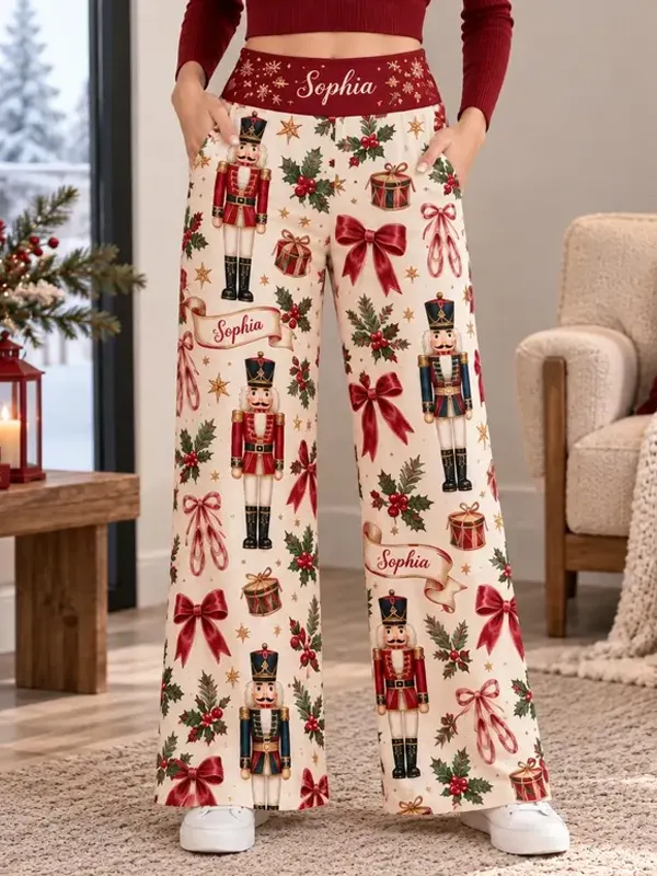 Womens Christmas Wide Leg Custom Name Holiday Pants