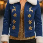 Women's Gold Reindeer Blue Christmas Jacket