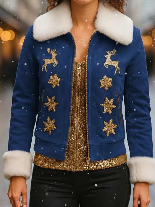 Women's Gold Reindeer Blue Christmas Jacket