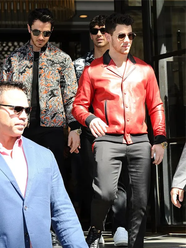Bomber Style Nick Jonas Red leather Jacket